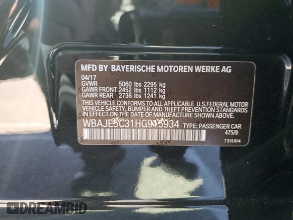 2017 BMW 5 Series 540i с VIN WBAJE5C31HG915934, выставлен на аукционе Copart как лот 50396425 с пробегом 71 652 миль миль и Списание • Salvage title. История ставок и продаж доступна на DreamBid. Изображение 12.