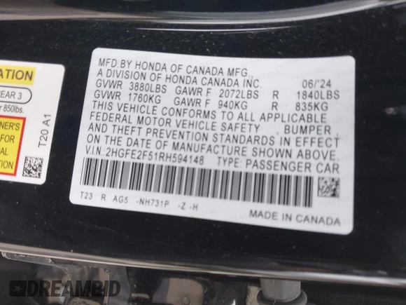 2024 Honda Civic Sport with VIN 2HGFE2F51RH594148, listed as a IAAI auction lot 41304184 with 11,307 mi miles and . Bid and sale history available at DreamBid. Image 9.