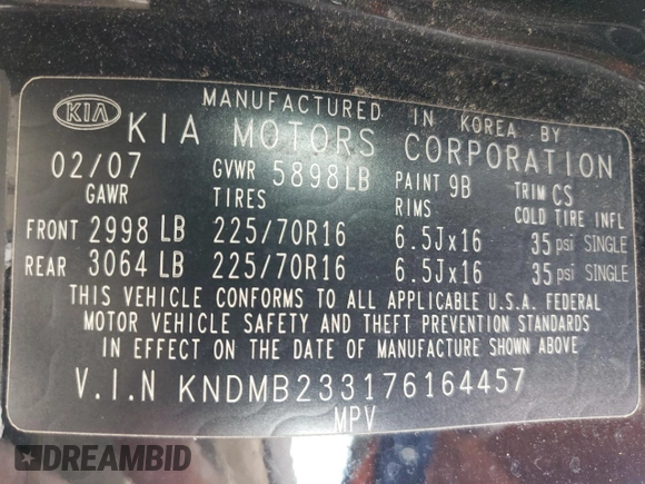 2007 Kia Sedona EX with VIN KNDMB233176164457, listed as a Copart auction lot 66833094 with 203,031 mi miles and Clean Title. Bid and sale history available at carsss.com. Image 13.