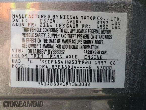 2024 Nissan Sentra S with VIN 3N1AB8BV1RY363032, listed as a Copart auction lot 88703945 with 7,029 mi miles and Salvage Title. Bid and sale history available at carsss.com. Image 14.