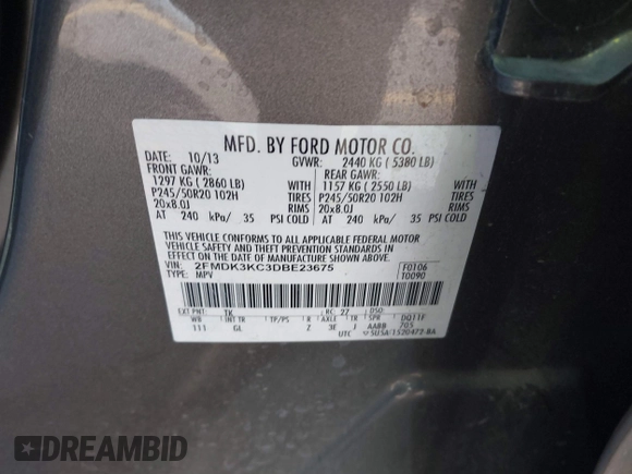 2013 Ford Edge Limited with VIN 2FMDK3KC3DBE23675, listed as a IAAI auction lot 41144226 with 198,430 mi miles. Bid and sale history available at carsss.com. Image 9.
