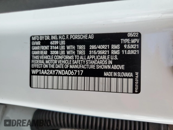 2022 Porsche Cayenne with VIN WP1AA2AY7NDA06717, listed as a Copart auction lot 74508614 with Not provided miles and Non repairable. Bid and sale history available at DreamBid. Image 14.