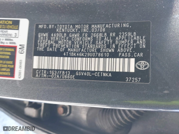 2009 Toyota Camry LE with VIN 4T1BK46K29U078610, listed as a IAAI auction lot 41597196 with 222,531 mi miles. Bid and sale history available at carsss.com. Image 9.