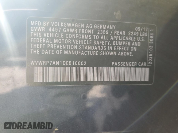 2013 Volkswagen CC Lux with VIN WVWRP7AN1DE510002, listed as a Copart auction lot 52329775 with 92,891 mi miles and Salvage Title. Bid and sale history available at carsss.com. Image 12.