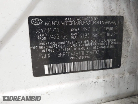 2011 Hyundai Sonata Limited with VIN 5NPEC4AB4BH219702, listed as a IAAI auction lot 41747541 with 169,990 mi miles and . Bid and sale history available at DreamBid. Image 9.