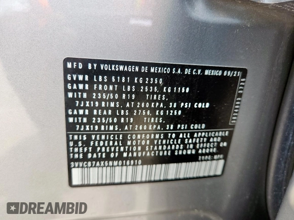 2022 Volkswagen Tiguan SE R-Line Black with VIN 3VVCB7AX5NM016910, listed as a Copart auction lot 57120005 with 54,812 mi miles and Salvage title. Bid and sale history available at DreamBid. Image 13.