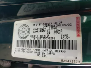 2003 Toyota ECHO with VIN JTDBT123735038281, listed as a Copart auction lot 52209894 with 279,025 mi miles and Salvage Title. Bid and sale history available at carsss.com. Image 13.