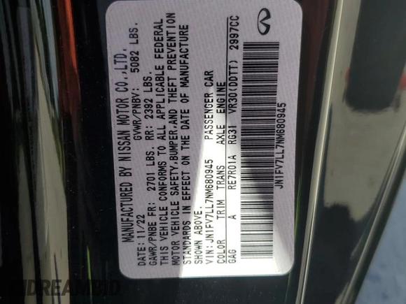 2022 Infiniti Q60 Red Sport 400 with VIN JN1FV7LL7NM680945, listed as a Copart auction lot 69774344 with 9,036 mi miles and Salvage title. Bid and sale history available at DreamBid. Image 13.