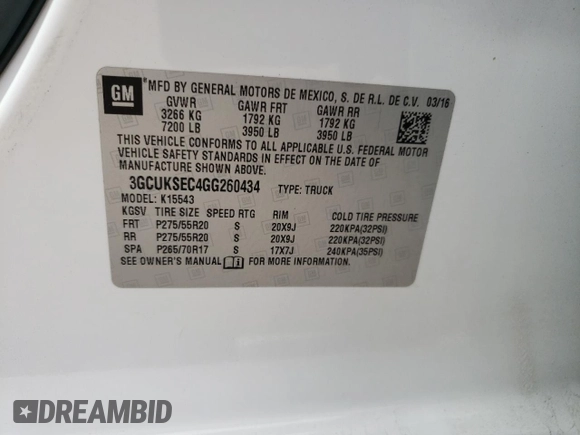 2016 Chevrolet Silverado 1500 LTZ with VIN 3GCUKSEC4GG260434, listed as a Copart auction lot 48367925 with 91,895 mi miles and Salvage Title. Bid and sale history available at DreamBid. Image 14.