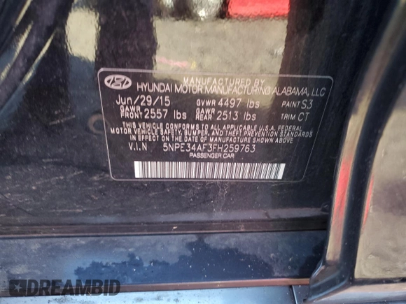 2015 Hyundai Sonata Limited with VIN 5NPE34AF3FH259763, listed as a Copart auction lot 79650184 with Not Provided miles and Salvage Title. Bid and sale history available at carsss.com. Image 12.