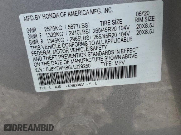 2020 Acura MDX w/Advance Pkg with VIN 5J8YD4H85LL029250, listed as a Copart auction lot 72891134 with 85,172 mi miles and Salvage Title. Bid and sale history available at carsss.com. Image 13.