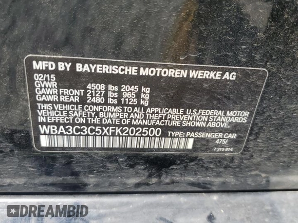 2015 BMW 3 Series 320i xDrive with VIN WBA3C3C5XFK202500, listed as a Copart auction lot 54671075 with 111,168 mi miles and Salvage title. Bid and sale history available at DreamBid. Image 12.