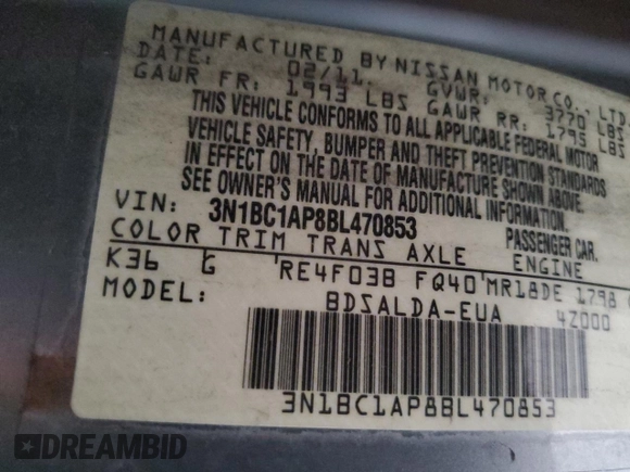 2011 Nissan Versa S with VIN 3N1BC1AP8BL470853, listed as a Copart auction lot 53004485 with 172,794 mi miles and Salvage title. Bid and sale history available at DreamBid. Image 12.
