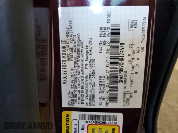 2017 Ford Fusion Titanium with VIN 3FA6P0K9XHR174578, listed as a Copart auction lot 57999305 with 77,657 mi miles and Salvage title. Bid and sale history available at DreamBid. Image 12.