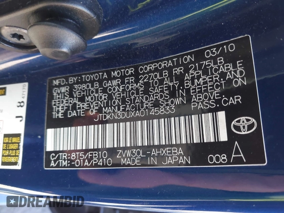 2010 Toyota Prius II with VIN JTDKN3DUXA0145833, listed as a IAAI auction lot 41992320 with 196,086 mi miles. Bid and sale history available at carsss.com. Image 9.
