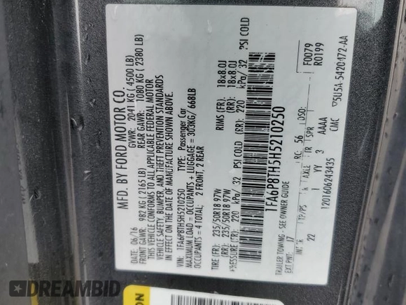 2017 Ford Mustang EcoBoost with VIN 1FA6P8TH5H5210250, listed as a Copart auction lot 49791955 with 107,303 mi miles and Clean Title. Bid and sale history available at DreamBid. Image 13.