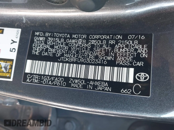 2016 Toyota Prius Two with VIN JTDKBRFU9G3023416, listed as a IAAI auction lot 41174408 with 196,299 mi miles and . Bid and sale history available at DreamBid. Image 9.