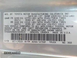 2008 Toyota Tacoma with VIN 5TEUU42N08Z469915, listed as a IAAI auction lot 41807203 with 177,699 mi miles and . Bid and sale history available at DreamBid. Image 9.