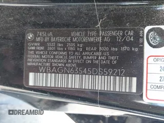 2005 BMW 7 Series 745Li with VIN WBAGN63545DS59212, listed as a IAAI auction lot 42510606 with 124,395 mi miles and . Bid and sale history available at DreamBid. Image 9.