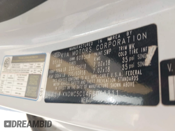 2015 Kia Sedona EX with VIN KNDMC5C14F6066311, listed as a IAAI auction lot 41968881 with 190,513 mi miles. Bid and sale history available at carsss.com. Image 9.
