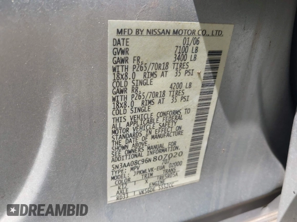2006 Infiniti QX56 with VIN 5N3AA08C96N807020, listed as a IAAI auction lot 42195989 with 252,405 mi miles and . Bid and sale history available at DreamBid. Image 9.