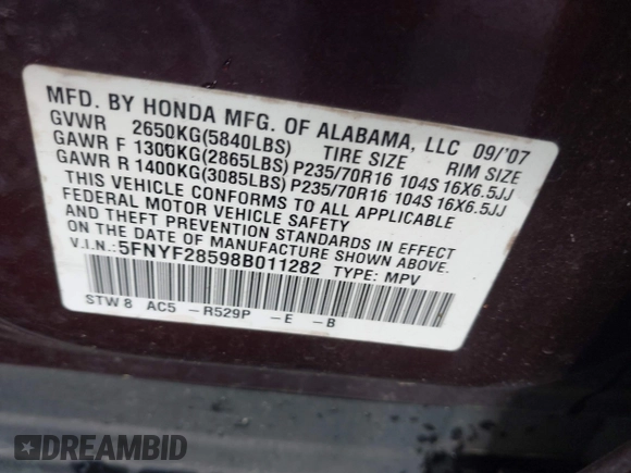 2008 Honda Pilot EX-L with VIN 5FNYF28598B011282, listed as a IAAI auction lot 42000822 with 229,046 mi miles and . Bid and sale history available at DreamBid. Image 9.
