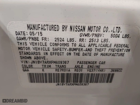 2015 Infiniti Q50 with VIN JN1BV7ARXFM409367, listed as a IAAI auction lot 41912056 with 126,382 mi miles. Bid and sale history available at carsss.com. Image 9.