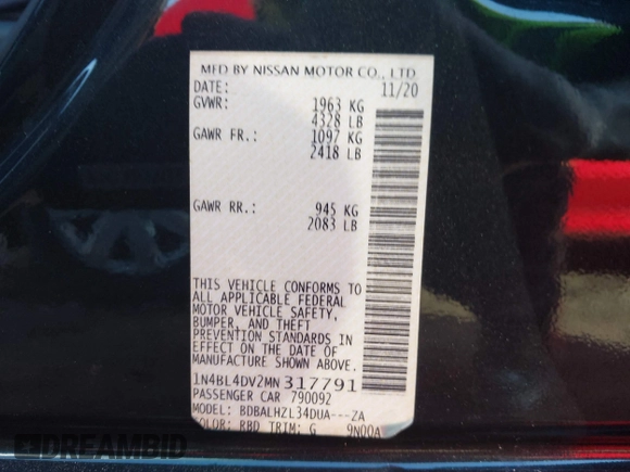 2021 Nissan Altima SV with VIN 1N4BL4DV2MN317791, listed as a IAAI auction lot 41492804 with 155,875 mi miles and . Bid and sale history available at carsss.com. Image 9.