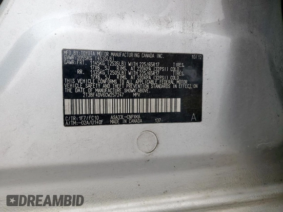 2012 Toyota RAV4 with VIN 2T3BF4DV6CW257247, listed as a Copart auction lot 53844535 with 175,959 mi miles and Salvage Title. Bid and sale history available at carsss.com. Image 14.