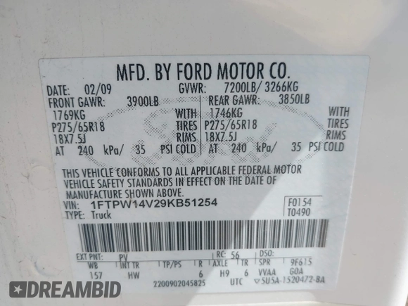 2009 Ford F-150 XL with VIN 1FTPW14V29KB51254, listed as a IAAI auction lot 42797757 with 192,902 mi miles and . Bid and sale history available at DreamBid. Image 9.