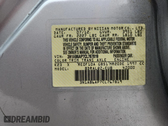 2012 Nissan Sentra 2.0 with VIN 3N1AB6AP7CL767819, listed as a Copart auction lot 58661265 with 118,150 mi miles and Salvage title. Bid and sale history available at DreamBid. Image 12.