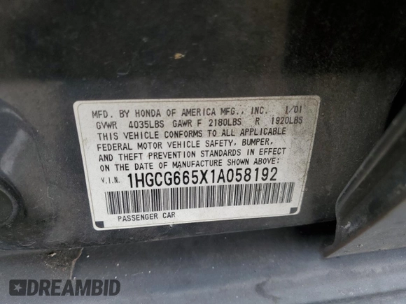2001 Honda Accord LX z VIN 1HGCG665X1A058192, wystawiony jako Copart lot #57975215 z przebiegiem Nie podano mil oraz Szkoda całkowita • Salvage title. Historia ofert i sprzedaży dostępna na DreamBid. Obrazek 12.