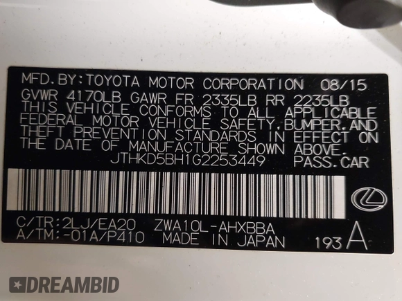 2016 Lexus CT 200h with VIN JTHKD5BH1G2253449, listed as a IAAI auction lot 42105047 with 115,077 mi miles and . Bid and sale history available at carsss.com. Image 9.