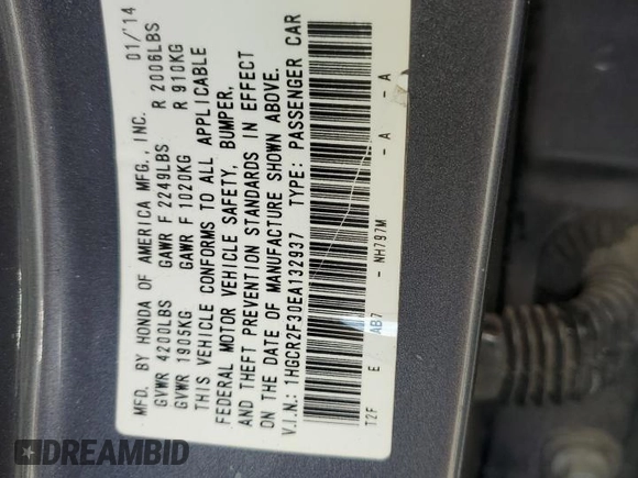 2014 Honda Accord LX z VIN 1HGCR2F30EA132937, wystawiony jako Copart lot #55980965 z przebiegiem 213 166 mil mil oraz Szkoda całkowita • Salvage title. Historia ofert i sprzedaży dostępna na DreamBid. Obrazek 13.