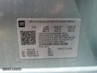2022 Chevrolet Equinox Premier with VIN 2GNAXNEV0N6109386, listed as a Copart auction lot 52776405 with 0 mi miles and Salvage Title. Bid and sale history available at carsss.com. Image 14.