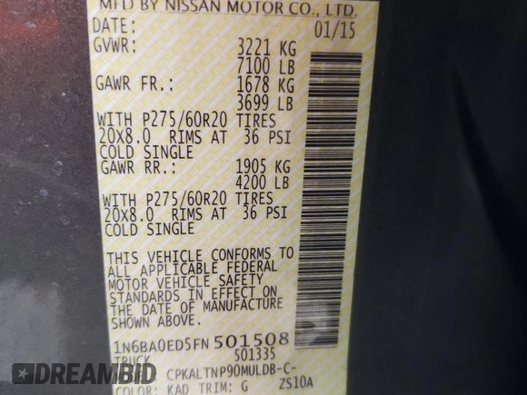 2015 Nissan Titan SV z VIN 1N6BA0ED5FN501508, wystawiony jako Copart lot #43399955 z przebiegiem 137 140 mil mil oraz Szkoda całkowita • Salvage title. Historia ofert i sprzedaży dostępna na DreamBid. Obrazek 12.