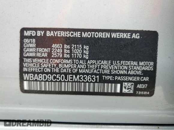 2018 BMW 3 Series 330i xDrive with VIN WBA8D9C50JEM33631, listed as a Copart auction lot 57595925 with 96,582 mi miles and Salvage title. Bid and sale history available at DreamBid. Image 12.