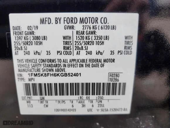 2019 Ford Explorer Limited with VIN 1FM5K8FH6KGB52401, listed as a Copart auction lot 85208344 with 105,006 mi miles and Salvage Title. Bid and sale history available at carsss.com. Image 13.