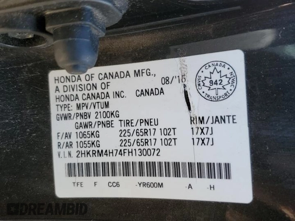 2015 Honda CR-V EX-L with VIN 2HKRM4H74FH130072, listed as a Copart auction lot 54437045 with 248,726 mi miles and Salvage Title. Bid and sale history available at carsss.com. Image 14.
