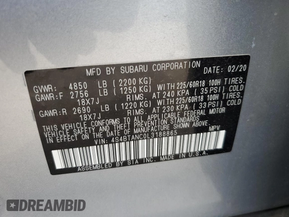 2020 Subaru Outback Limited with VIN 4S4BTANC0L3188865, listed as a Copart auction lot 57094845 with 60,986 mi miles and Salvage title. Bid and sale history available at DreamBid. Image 14.