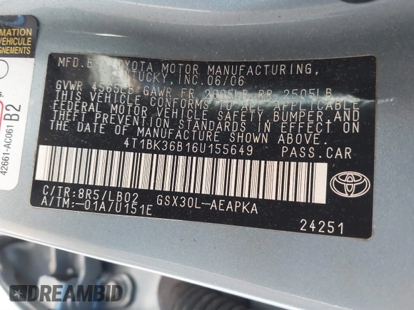 2006 Toyota Avalon XL with VIN 4T1BK36B16U155649, listed as a IAAI auction lot 41427370 with 161,674 mi miles. Bid and sale history available at carsss.com. Image 9.
