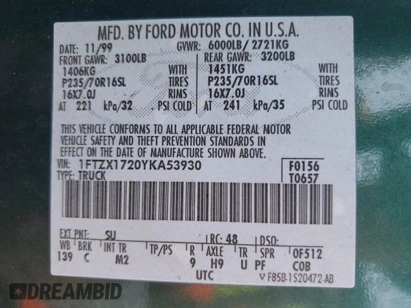 2000 Ford F-150 XL with VIN 1FTZX1720YKA53930, listed as a Copart auction lot 56052925 with Not provided miles and Salvage title. Bid and sale history available at DreamBid. Image 12.