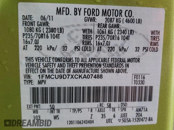 2012 Ford Escape XLT with VIN 1FMCU9D7XCKA07488, listed as a Copart auction lot 58605185 with 144,578 mi miles and Salvage title. Bid and sale history available at DreamBid. Image 13.