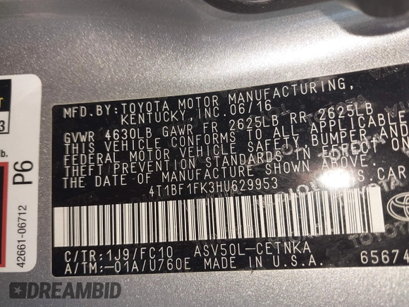 2017 Toyota Camry XLE with VIN 4T1BF1FK3HU629953, listed as a IAAI auction lot 42012261 with 95,199 mi miles. Bid and sale history available at carsss.com. Image 9.
