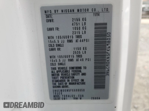 2015 Nissan NV200 S z VIN 3N6CM0KN5FK698050, wystawiony jako Copart lot #49019325 z przebiegiem 164 196 mil mil oraz Czysty tytuł • Clean title. Historia ofert i sprzedaży dostępna na DreamBid. Obrazek 13.