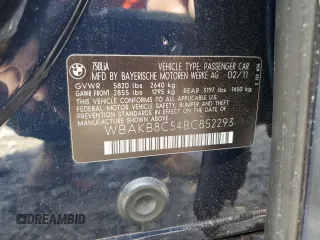 2011 BMW 7 Series 750Li with VIN WBAKB8C54BC852293, listed as a Copart auction lot 45215695 with 179,986 mi miles and Salvage title. Bid and sale history available at DreamBid. Image 12.