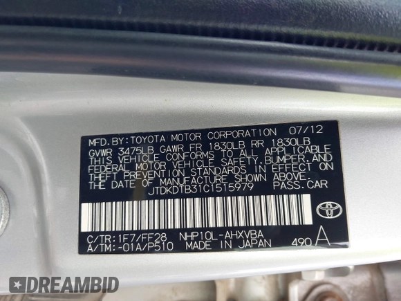 2012 Toyota Prius One z VIN JTDKDTB31C1515979, wystawiony jako IAAI lot #42113818 z przebiegiem 184 528 mil mil oraz . Historia ofert i sprzedaży dostępna na DreamBid. Obrazek 9.