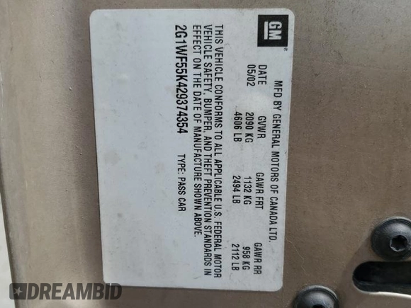 2002 Chevrolet Impala с VIN 2G1WF55K429374354, выставлен на аукционе Copart как лот 53805655 с пробегом Не указан миль и Списание • Salvage title. История ставок и продаж доступна на DreamBid. Изображение 12.