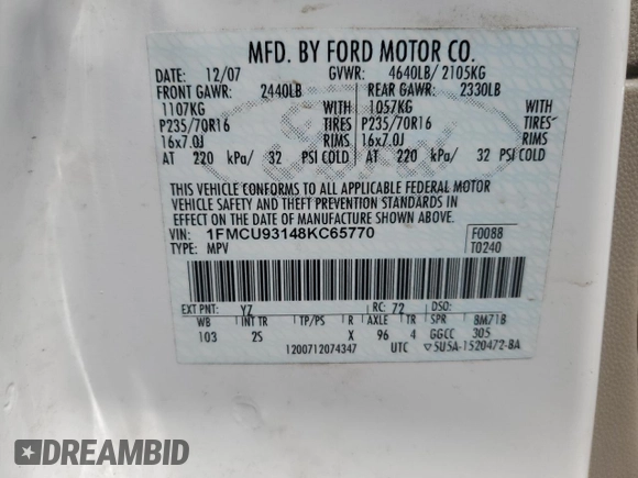 2008 Ford Escape XLT z VIN 1FMCU93148KC65770, wystawiony jako Copart lot #58377915 z przebiegiem 160 856 mil mil oraz Szkoda całkowita • Salvage title. Historia ofert i sprzedaży dostępna na DreamBid. Obrazek 13.