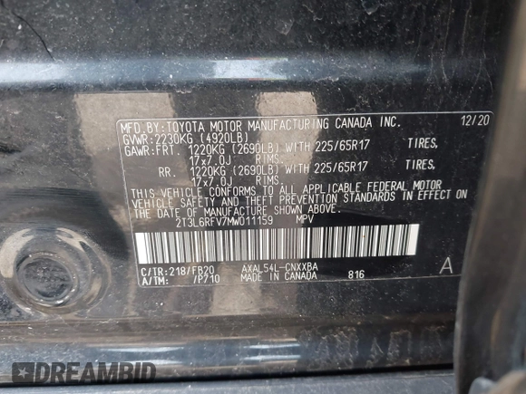 2021 Toyota RAV4 Hybrid LE with VIN 2T3L6RFV7MW011159, listed as a IAAI auction lot 42212998 with 104,626 mi miles and . Bid and sale history available at DreamBid. Image 9.